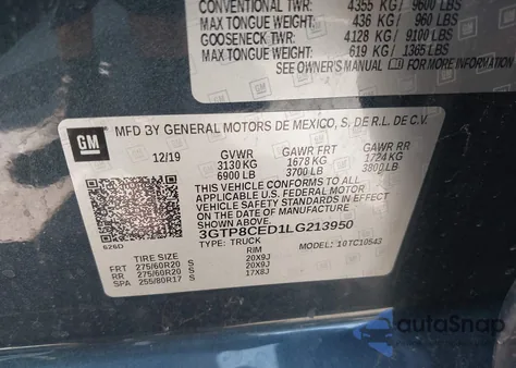 2020 GMC Sierra 2Wd Short Box Elevation from USA, damaged, VIN 3GTP8CED1LG213950